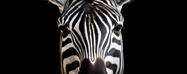 Close up of a zebra head on black background with copy space