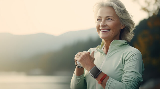 Healthy Middle Age Woman . Senior Woman Exercise Hard Running, Smartwatch . Lake City Mood Relaxing.urban And Lake View. Generative Ai