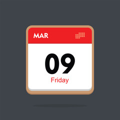 friday 09 march icon with black background, calender icon