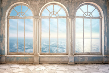 Window overlooking ocean or sea panoramic view, in the style of soft, romantic landscapes, nostalgic mood, muted blue and white colors. Renaissance style. Generative AI