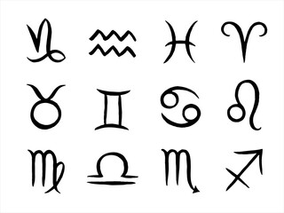 Black and white hand drawn vector zodiac signs, symbols set, collection. Simple linear brush drawn illustrations, drawings. Doodle, uneven artistic lines. Horoscope icons, templates.