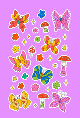 Set of stickers with butterflies, mushrooms and flowers. Vector illustration in groovy psychedelic style