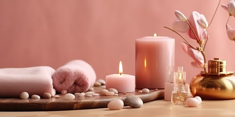 Obraz na płótnie Canvas Beauty treatment items for spa procedures on pink wooden table and gold marble wall. massage stones, essential oils and sea salt. candle, rolled up white towel, plants, copy space