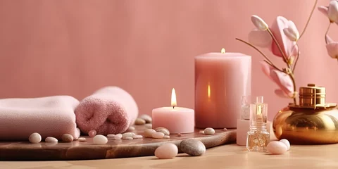 Deurstickers Schoonheidssalon Beauty treatment items for spa procedures on pink wooden table and gold marble wall. massage stones, essential oils and sea salt. candle, rolled up white towel, plants, copy space