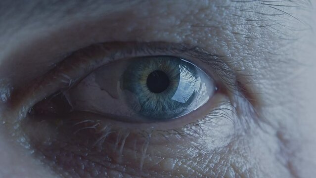 Cinematic slow motion eye close up, loop. Macro. Pale blue iris. Wrinkled skin. Soft light. Reflection in the eye. Cold color temperature. High quality 4k footage. Looping video.