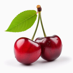 Fresh Cherry with Leaf Isolated on White Background