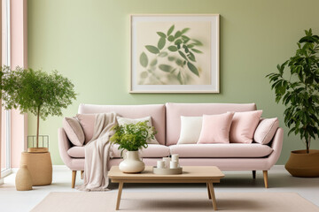 Empty mint green Wall, Full of Potential: Modern light pink Sofa and Stylish Decor Await Your Frames & Text - Minimalist Interior Living Room Design
