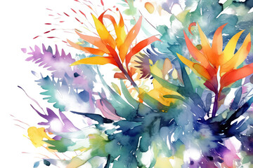 Autumn background design with watercolor brush texture, watercolor hand drawn flowers and botanical leaves.