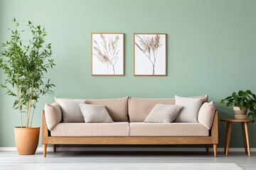 Empty mint green Wall, Full of Potential: Modern beige Sofa and Stylish Decor Await Your Frames & Text - Minimalist Interior Living Room Design
