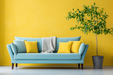 Empty yellow Wall, Full of Potential: Modern light blue Sofa and Stylish Decor Await Your Frames & Text - Minimalist Interior Living Room Design
