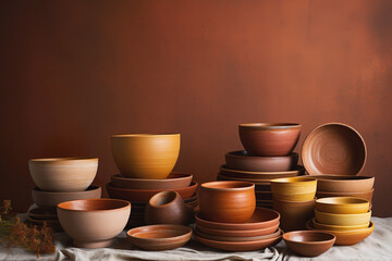 Scene with new pottery objects, bowls and plates.  - obrazy, fototapety, plakaty