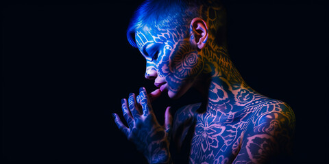 Mysterious woman concealed in shadows, adorned with glowing floral tattoos on a solid color studio backdrop. Generative AI