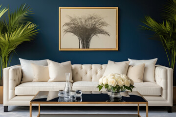 Empty blue Wall, Full of Potential: Modern white Sofa and Stylish Decor Await Your Frames & Text - Minimalist Interior Living Room Design
