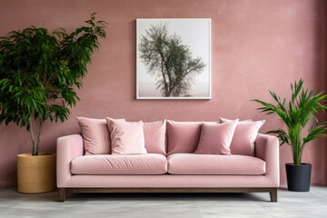 Empty beige Wall, Full of Potential: Modern pink Sofa and Stylish Decor Await Your Frames & Text - Minimalist Interior Living Room Design
