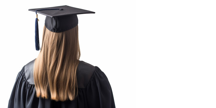 A female student in a study gown and a square academic cap, viewed from the back in close-up and on an isolated background. Generative AI