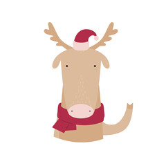 Cute elk in a hat and a scarf . Illustration on transparent background for cards, invitations, stickers, t-shirts