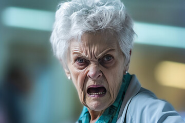 Unforgettable depiction of a fierce elderly female doctor displaying assertiveness within a hospital setting, capturing extreme emotion sure to captivate audiences. Generative AI