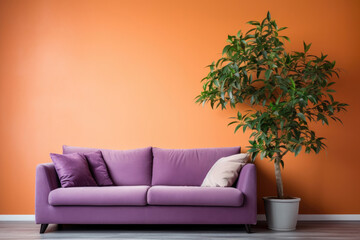 Fototapeta na wymiar Empty orange Wall, Full of Potential: Modern purple Sofa and Stylish Decor Await Your Frames & Text - Minimalist Interior Living Room Design 