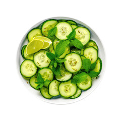 Bowl Fresh Green Base, Cucumber Slices, Mint Leaves, Lime Zest On White Plate, On Isolated Transparent Background, Png. Generative AI