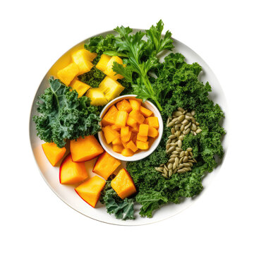 Bowl Rich Green Base, Kale Leaves, Pineapple Chunks, Pumpkin Seeds On White Plate, On Isolated Transparent Background, Png. Generative AI