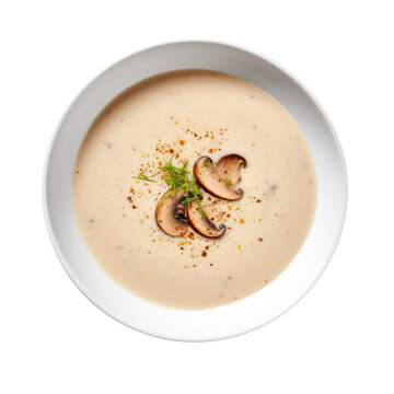 Cream Of Mushroom Soup On White Plate, On Isolated Transparent Background, Png. Generative AI