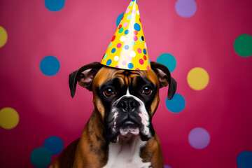 Funny and friendly cute dog (boxer) wearing a birthday party hat in studio, on a vibrant, colorful background. Generative AI
