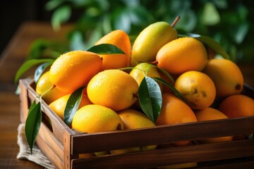 Organic mango in a wooden box. Generative AI