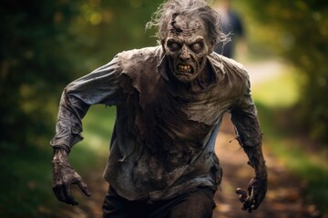 Fototapeta premium Relentless Pursuit: Zombie Charging Towards the Camera Generative AI