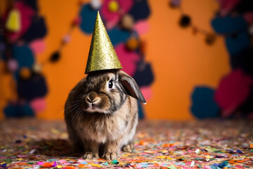 Funny and friendly cute bunny wearing a birthday party hat in studio, on a vibrant, colorful background. Generative AI