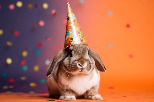 Funny and friendly cute bunny wearing a birthday party hat in studio, on a vibrant, colorful background. Generative AI