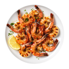 Grilled Shrimp On White Plate, On Isolated Transparent Background, Png. Generative AI