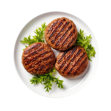 Grilled Burgers On White Plate, On Isolated Transparent Background, Png. Generative AI