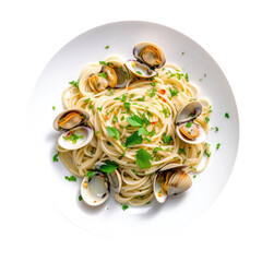 Spaghetti Alle Vongole On White Plate, On Isolated Transparent Background, Png. Generative AI