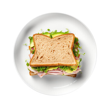 Turkey And Avocado Sandwich On White Plate, On Isolated Transparent Background, Png. Generative AI