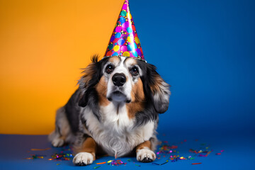 Funny and friendly cute dog (Pembroke Welsh Corgi) wearing a birthday party hat in studio, on a vibrant, colorful background. Generative AI