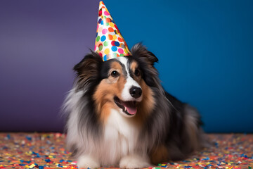 Fototapeta na wymiar Funny and friendly cute dog (Shetland Sheepdog or Sheltie) wearing a birthday party hat in studio, on a vibrant, colorful background. Generative AI