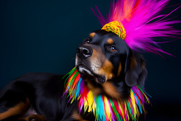 Funny and friendly cute dog (Rottweiler) wearing a birthday party hat in studio, on a vibrant, colorful background. Generative AI