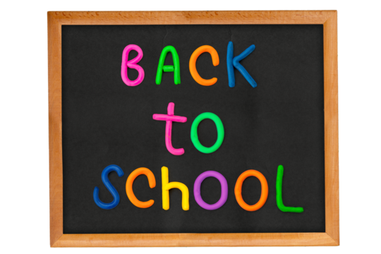 Back to school written on a framed blackboard, isolated background. Top view flat lay concept. Childish lettering, multicolored letters for primary school, elementary school or grade school, - Powered by Adobe