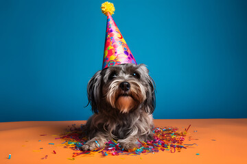Funny and friendly cute dog (Yorkshire Terrier) wearing a birthday party hat in studio, on a vibrant, colorful background. Generative AI