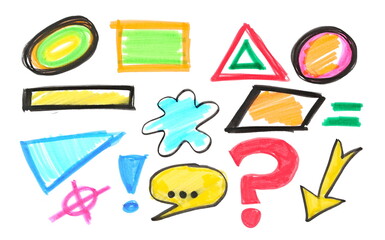 Brush pens, colorful symbols and geometric shapes isolated on white