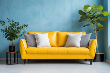 Empty light blue Wall, Full of Potential: Modern yellow Sofa and Stylish Decor Await Your Frames & Text - Minimalist Interior Living Room Design
