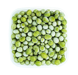 Frozen green peas covered with hoarfrost in plastic containers. Top view of frozen vegetables isolated on white background. Storage for winter storage in trays