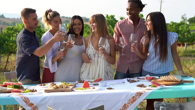 Group of young multiracial people cheering with white wine outdoor - Diverse friends having fun during pic nic with wineyard in the background during summer time
