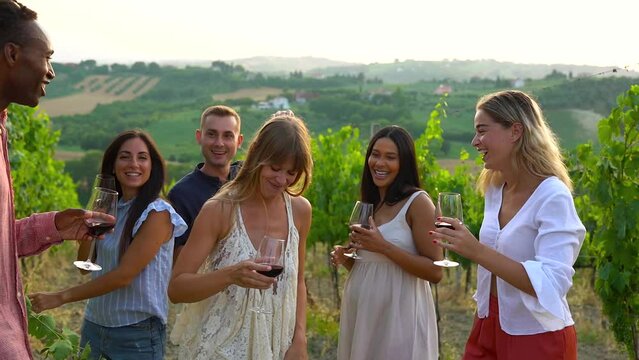 Happy adult people dacing together at wineyard holding glasses of red vine - Diverse friends enjoy day together outdoor during summer time
