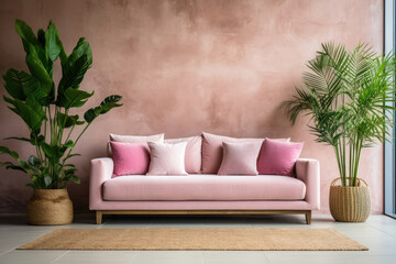 Empty beige Wall, Full of Potential: Modern pink Sofa and Stylish Decor Await Your Frames & Text - Minimalist Interior Living Room Design

