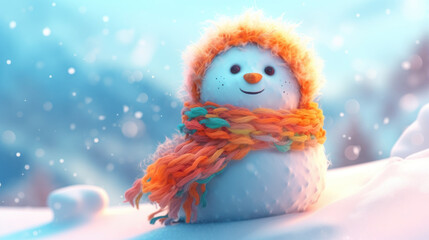 Obraz premium A happy snowman with a fluffy appearance, adorned with a winter hat and scarf, set against a sunny snowy mountain landscape. Generative AI.