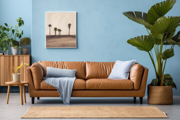 Empty beige Wall, Full of Potential: Modern light blue Sofa and Stylish Decor Await Your Frames & Text - Minimalist Interior Living Room Design
