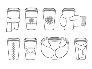 Collection of a paper cups for coffee. Coffee to go for the winter menu. Illustration on transparent background