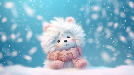 Illustration of fluffy happy furry animal with scarf against snowy background. Generative AI.