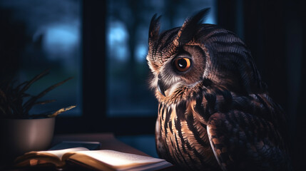 Generative AI, smart owl reads a book sitting at a table in the dark, science, literature, study, study, table lamp, evening light, student, knowledge, library, textbook, reading